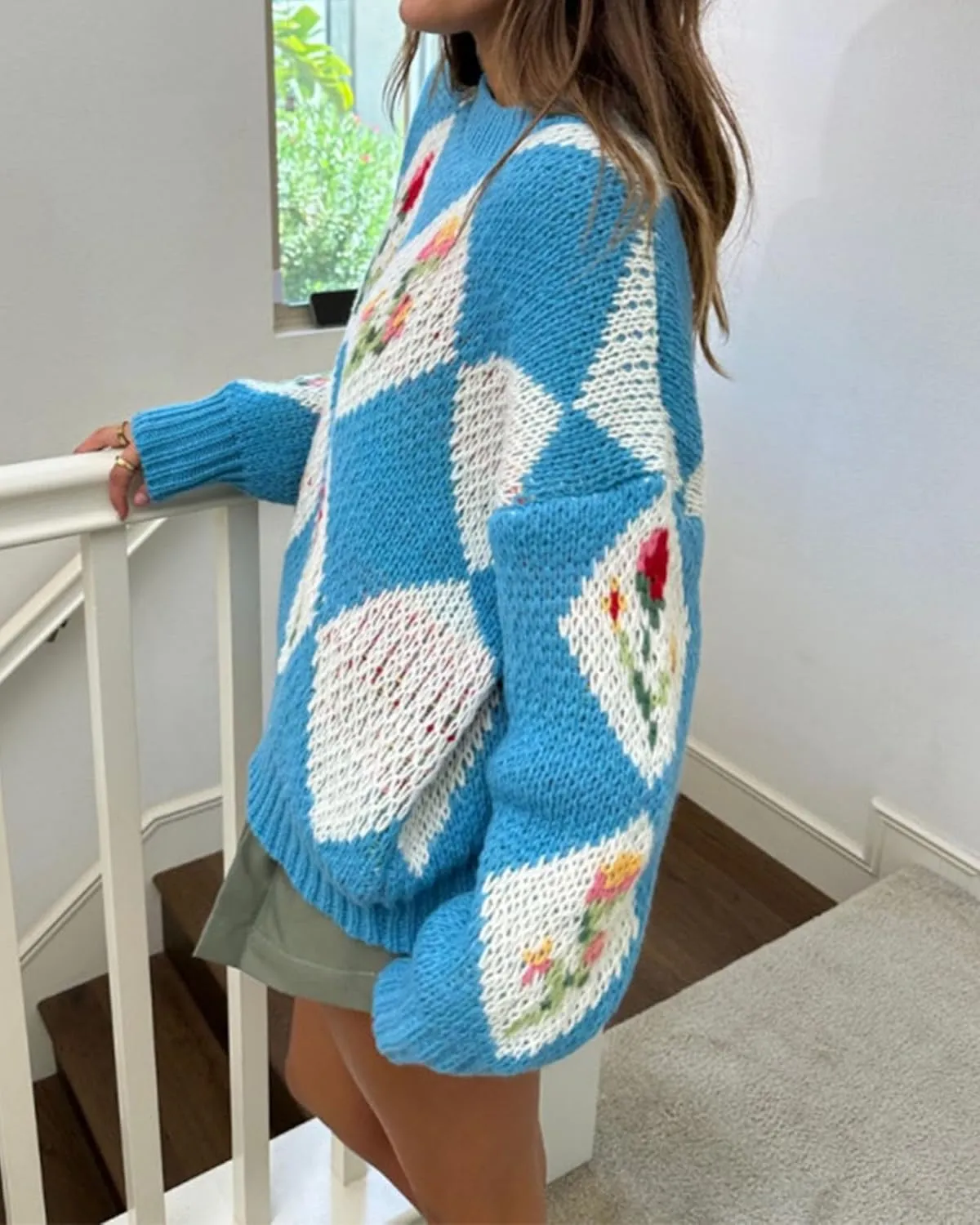 ZAFUL Floral Sweaters for Women Trendy Crew Neck Long Sleeves Knitted Pullover Boho Sweater Chunky Knit Tops