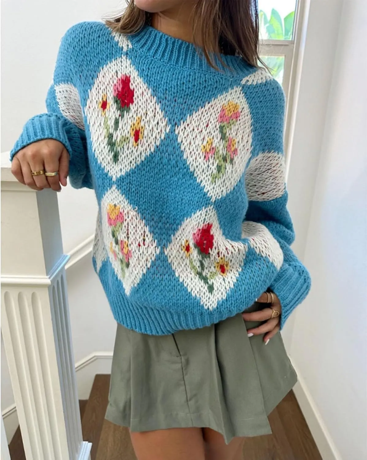 ZAFUL Floral Sweaters for Women Trendy Crew Neck Long Sleeves Knitted Pullover Boho Sweater Chunky Knit Tops
