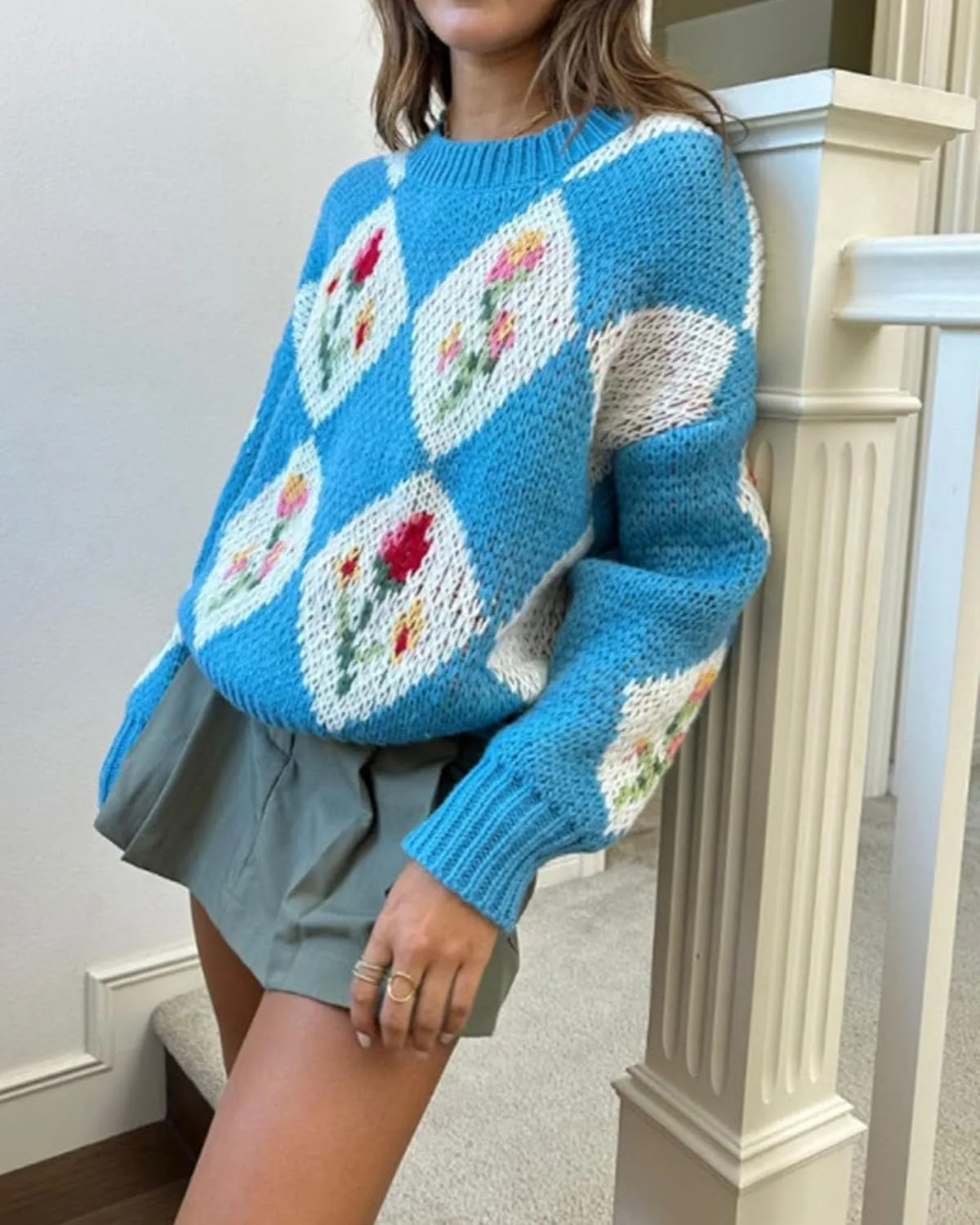 ZAFUL Floral Sweaters for Women Trendy Crew Neck Long Sleeves Knitted Pullover Boho Sweater Chunky Knit Tops