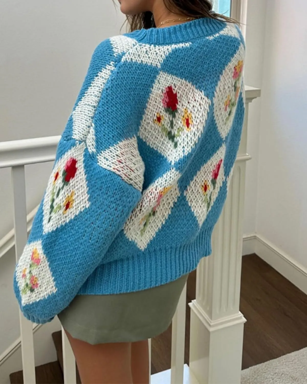 ZAFUL Floral Sweaters for Women Trendy Crew Neck Long Sleeves Knitted Pullover Boho Sweater Chunky Knit Tops